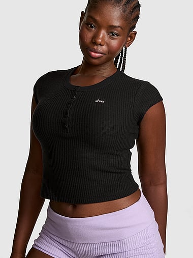 PINK - Waﬄe Knit Henley Tee, image 1