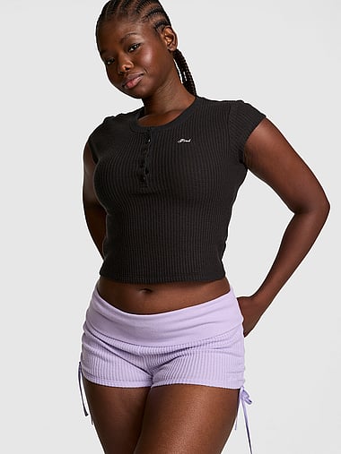 PINK - Waﬄe-Knit Foldover Shorts, image 1