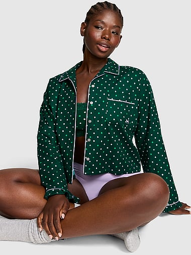 PINK - Cotton Favorite Flannel Button-Down Ruffle Sleepshirt, image 1