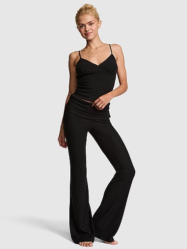 PINK - Waﬄe Knit Cami & Foldover Flare Pants Set, image 1