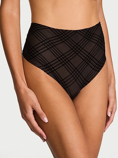 No-Show - No-Show Plaid Mesh High-Waist Thong Panty in Flocked Plaid, image 1