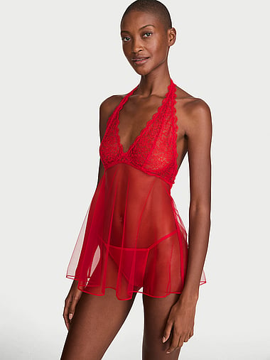 Victoria's Secret - Tease Lace & Mesh Halter Babydoll Set, image 1