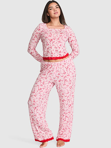 PINK - 24/7 Lounge Modal Lace-Trim Long Pajama Set, image 1
