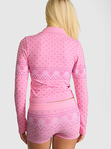 PINK - Fair Isle Seamless Rib Collared Long-Sleeve Top, image 2