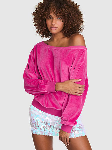 PINK - Vintage Velour Oﬀ-The-Shoulder Sweatshirt, image 1
