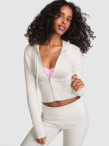 PINK - Front-Zip Shrunken Sweater Hoodie, image 1