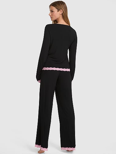 PINK - 24/7 Lounge Modal Lace-Trim Long Pajama Set, image 2
