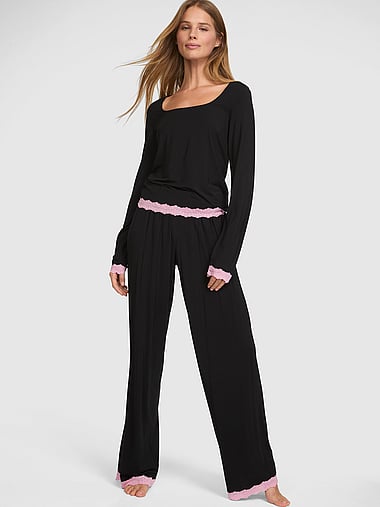 PINK - 24/7 Lounge Modal Lace-Trim Long Pajama Set, image 1