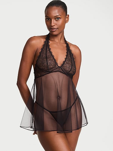 Victoria's Secret - Tease Lace & Mesh Halter Babydoll Set, image 1