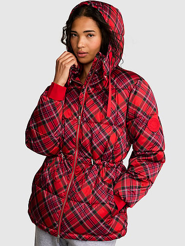 PINK - Cinched Hooded Puﬀer Jacket, image 1