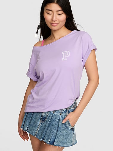 PINK - Campus Cotton™ Off-The-Shoulder Tee, image 1