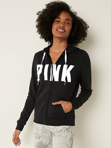 Victoria's Secret PINK XS Hoodie Sweater Sweatshirt Black Zip Logo STRETCHY NWT 