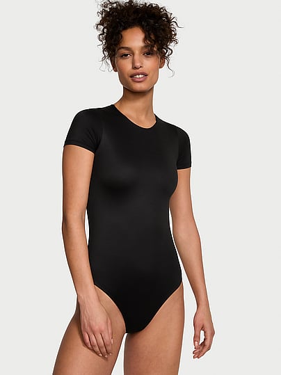 Victoria's Secret Bodywear By Victoria With Feathersoft™ Innovation Short-sleeve Bodysuit In Black