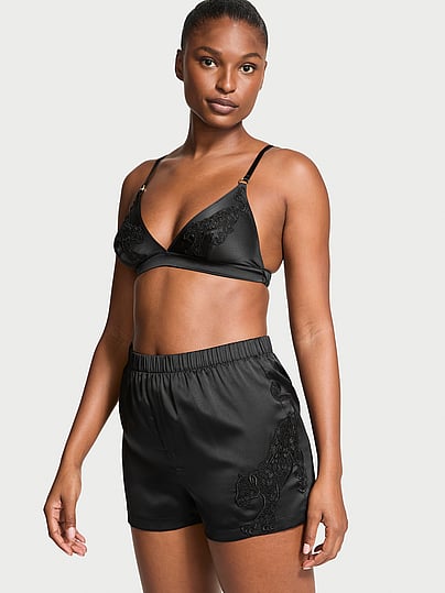 Buy Jaguar Satin Triangle Bralette & Boxer Shorts Set, Black