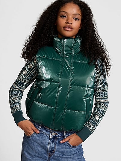 Buy High Shine Marshmallow Puffer Vest by PINK, White Shell Bling