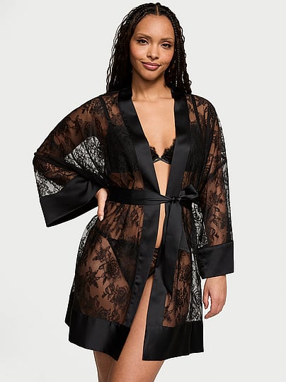 Victoria's Secret Very Sexy Rose Lace Satin-trim Short Robe In Black