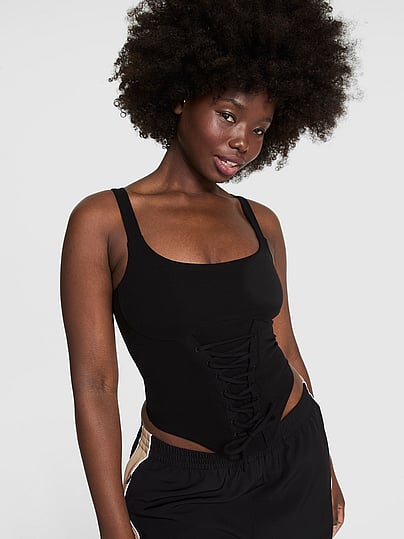 トップス VINTAGE RIBBED CORSET TOP_SLEEVELESS Buy All-Day Soft Rib Lace-Up Corset Top, Pure Black - Order Tops
