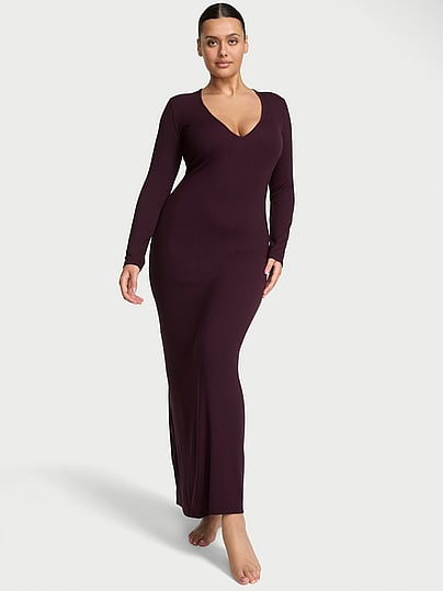 Buy SoSoft Modal Ribbed Deep-V Long-Sleeve Maxi Dress, Black - Order Slips  online - Victoria's Secret US