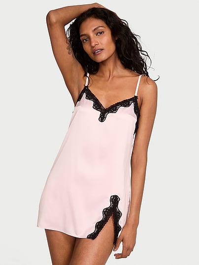 Buy Tease Satin Lace-Trim Mini Slip Dress, Black - Order Slips online - Victoria's  Secret US