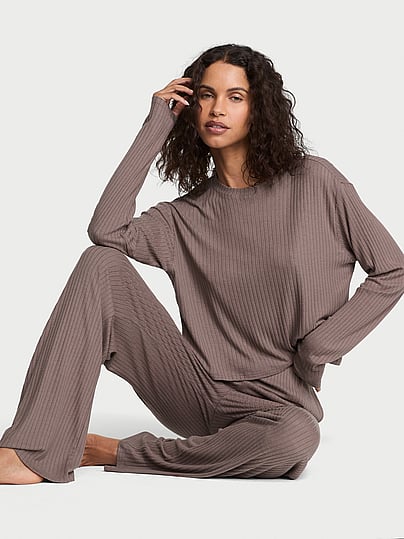 Buy SoSoft™ Modal Wide-Rib Long Lounge Set, Black - Order Pajamas