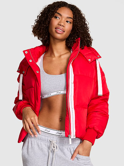 Buy Marshmallow Cropped Puﬀer Jacket, Bright Vermillion And Pink