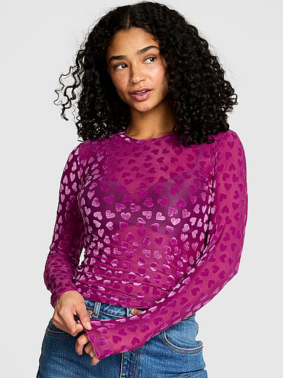 Buy Base Heart Mesh Long-Sleeve Tee, Magenta Rose Hearts - Order