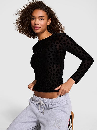 Buy Base Leopard Mesh Long- Sleeve Tee, Mint - Order Tops online