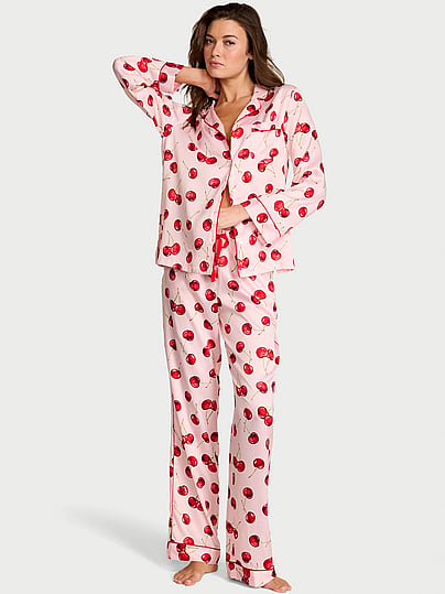 【新品】Victoria's Secret 赤ドット柄ルームウェア S Buy Signature Satin Long Pajama Set, Bright Vermillion Exploded