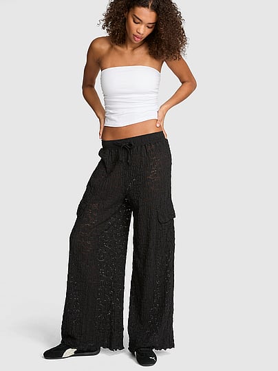 Buy Floral Crochet Cover-Up Pants, Boardwalk Pink - Order Bottoms