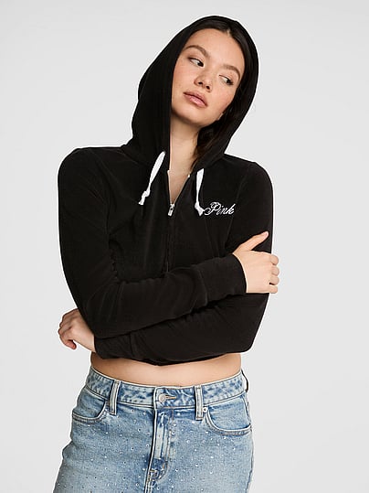 Pink Terry Full-Zip Cover-Up Hoodie, Black, L - Women's Hoodies & Sweatshirts - PINK