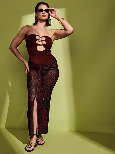 Buy Beachwear Mesh Cinched Maxi Skirt, Dark Chili Cheetah - Order