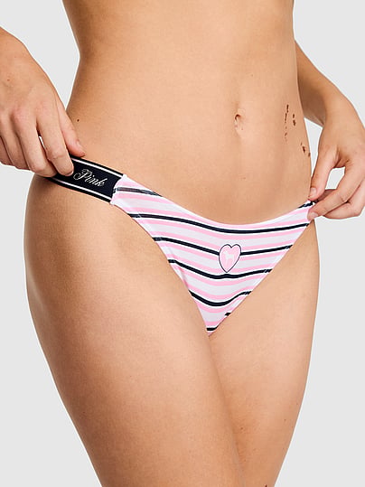 Pink Logo Cotton High-leg Thong Panty In Print