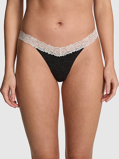 Pink Cotton Lace-trim Thong Panty In Grey