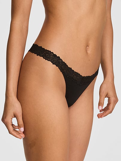 Pink Cotton Lace-trim Thong Panty In Black