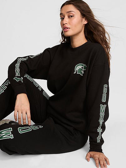 Pink College Collection Campus Fleece™ Bling Crew Sweatshirt In Black