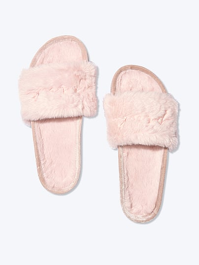 victoria secret pink faux fur slides