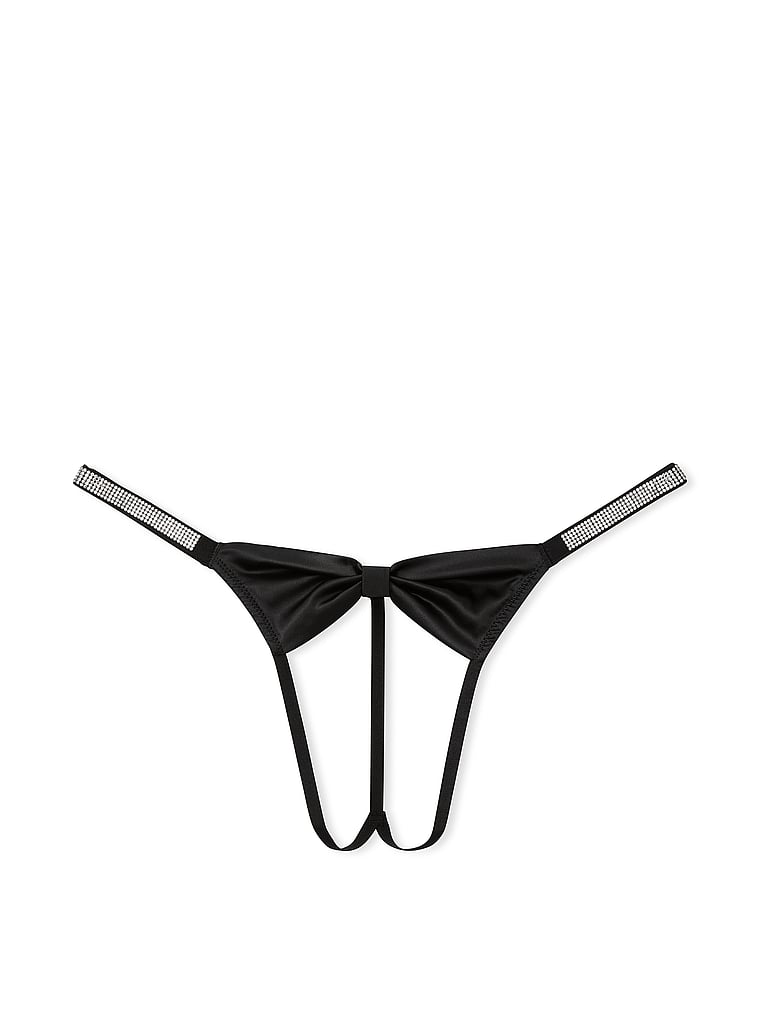 Victoria's Secret, Very Sexy Shine Bow Satin Crotchless V-String Panty, Black, offModelFront, 4 of 5