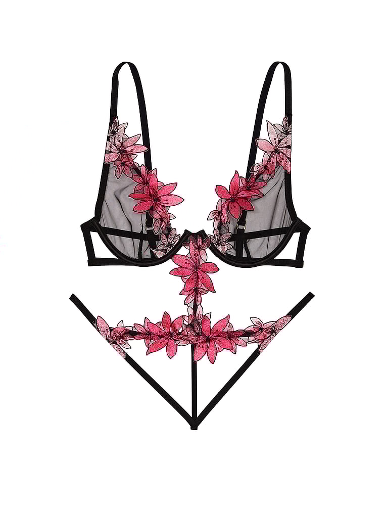 Victoria's Secret, Very Sexy Ziggy Glam Floral Embroidery Unlined Cutout Teddy, Pink, offModelFront, 3 of 3