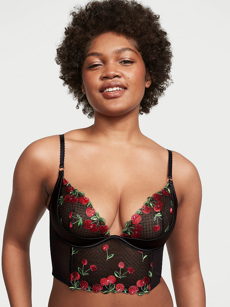 Victoria's Secret, Very Sexy Cherry Embroidery Quarter-Cup Corset Top, Black Cherries, onModelFront, 1 of 5 Naae is 5'10" or 178cm and wears 36D or Large