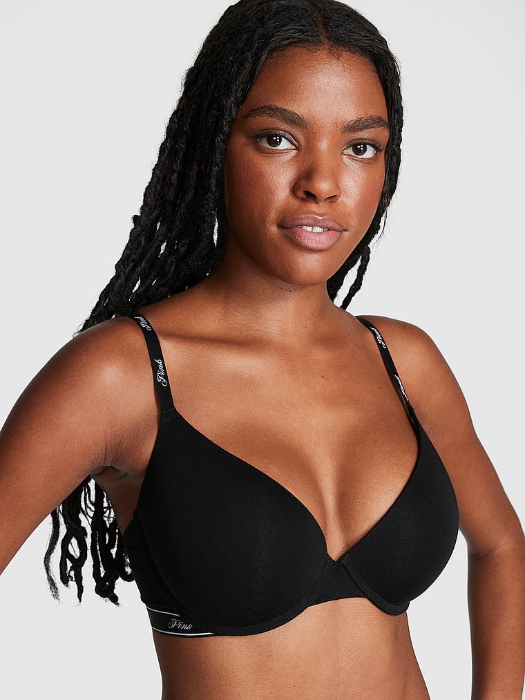 PINK Wear Everywhere Wear Everywhere™ Push-Up Bra, Pure Black, onModelFront, 1 of 3 Julia is 5'11" and wears 34B or Small