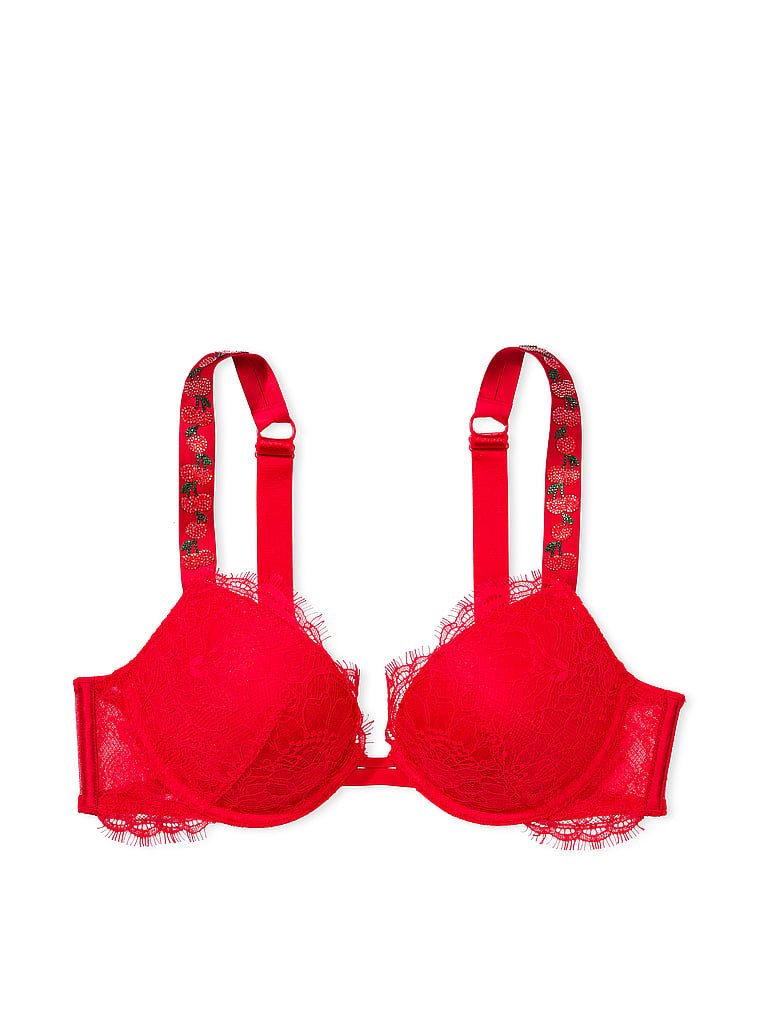 Victoria's Secret, Very Sexy Shine Strap Lace Push-Up Bra, Cherry Red, offModelFront, 3 of 5