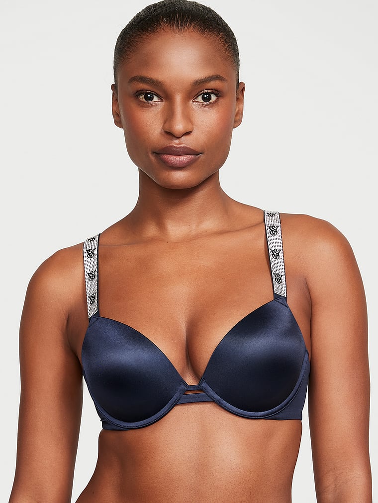 Victoria's Secret, Very Sexy Shine Strap Push-Up Bra, Noir Navy, onModelFront, 1 of 4 Tsheca  is 5'9" and wears 34B or Small