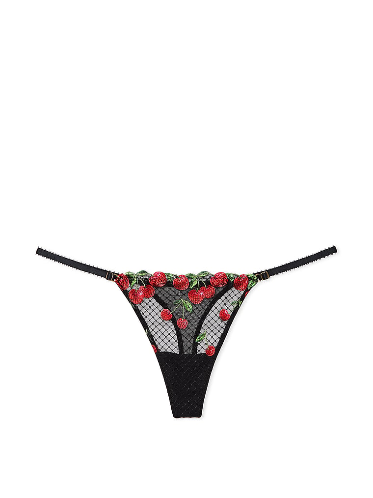 Victoria's Secret, Very Sexy Cherry Embroidery Adjustable String Thong Panty, Black Cherries, offModelFront, 3 of 5