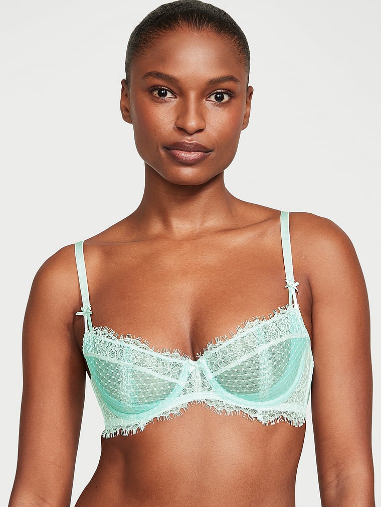 Victoria's Secret, Dream Angels Wicked Lace Unlined Balconette Bra, Crystal Water, onModelFront, 1 of 4 Tsheca  is 5'9" and wears 34B or Small