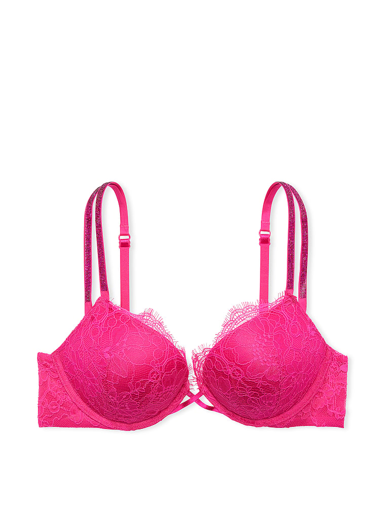 Victoria Secret Bra 32D Bombshell Push Up Shine Strap Adds 2 Cup Sizes Lace  Logo