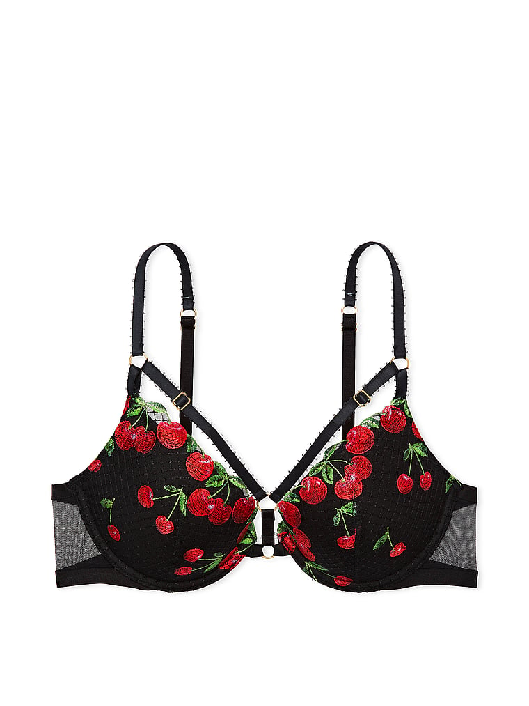 Victoria's Secret, Very Sexy Shine Strap Lace Trim Push-Up Bra, Black Cherries, offModelFront, 4 of 5