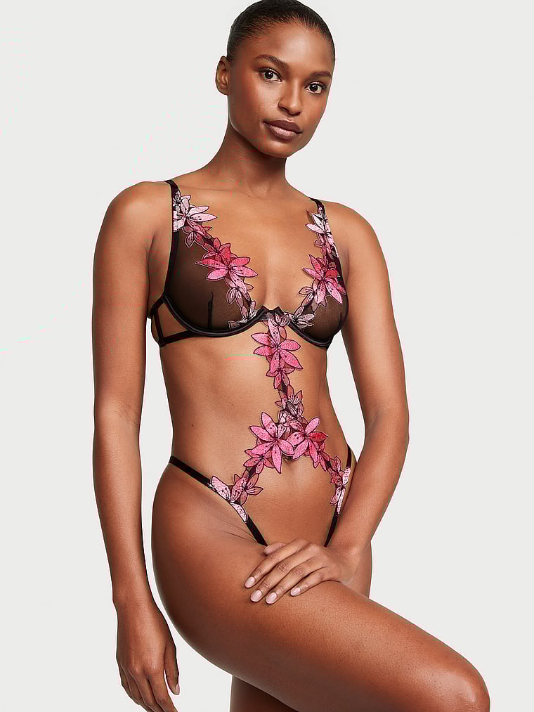 Victoria's Secret, Very Sexy Ziggy Glam Floral Embroidery Unlined Cutout Teddy, Pink, onModelFront, 1 of 3 Tsheca  is 5'9" and wears 34B or Small