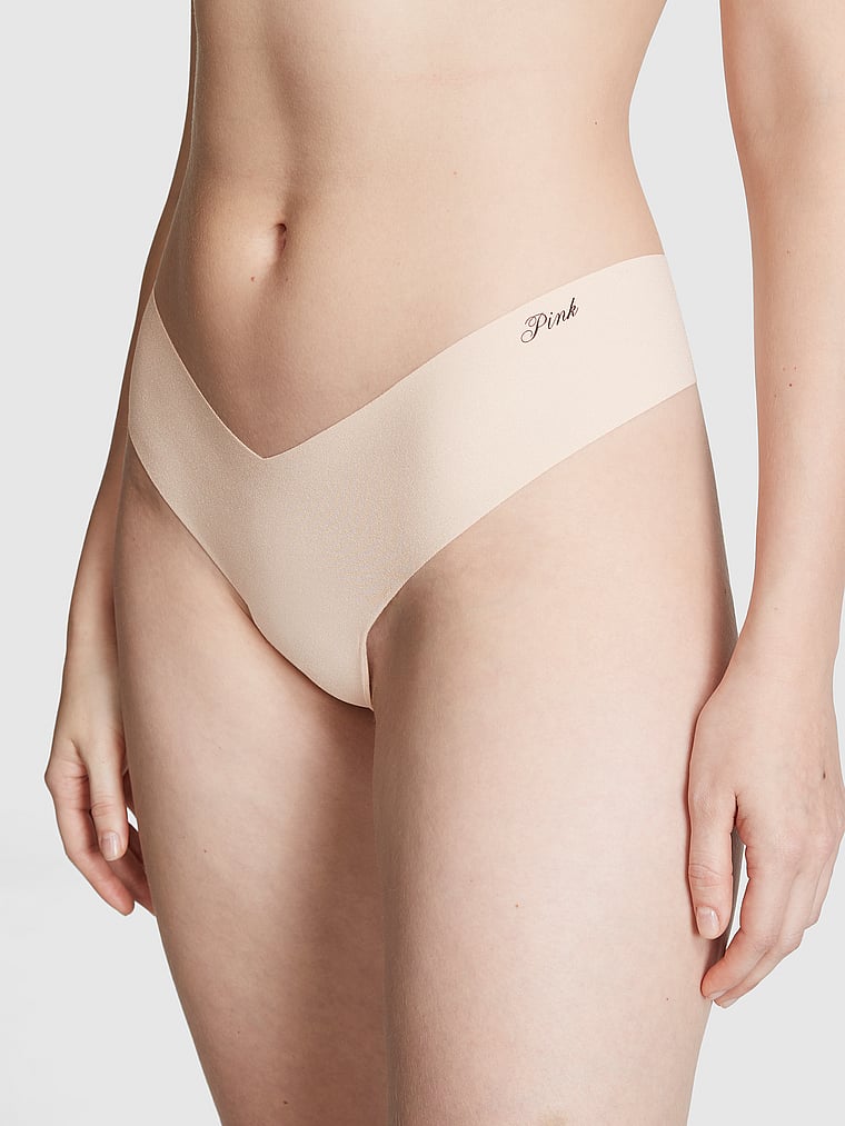 PINK No-Show High-Leg Thong Panty, Marzipan, onModelFront, 1 of 4 Anabel is 5'8" and wears Small