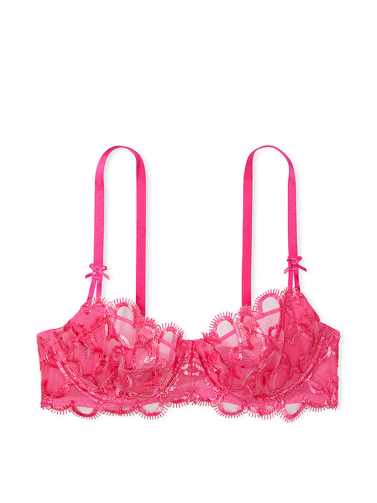 Victoria's Secret, Dream Angels Wicked Shimmer Heart Embroidery Unlined Balconette Bra, Forever Pink, offModelFront, 4 of 6
