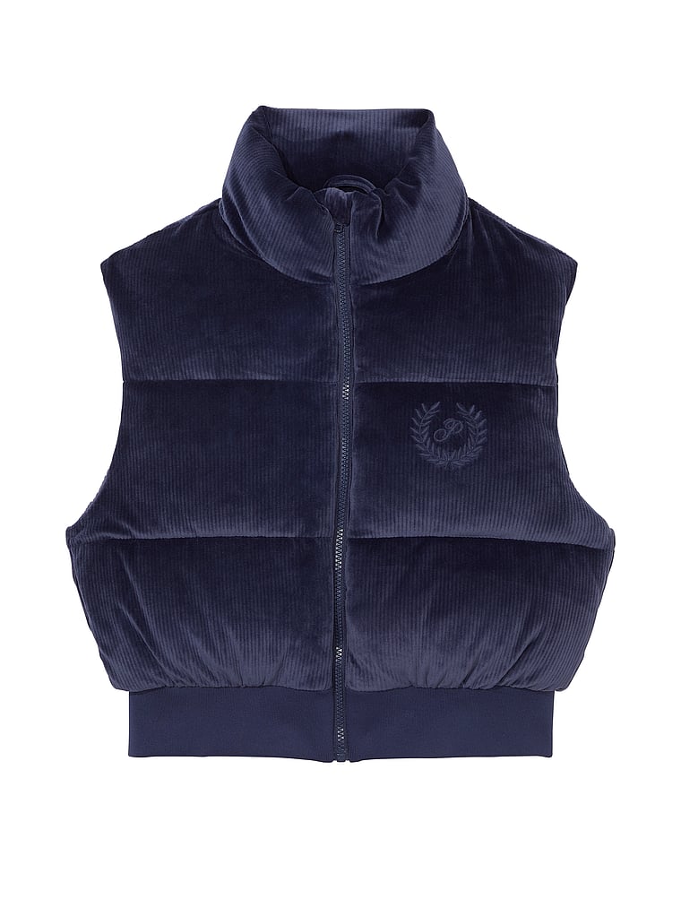 PINK Rib Velour Crop Puffer Vest, Midnight Navy, offModelFront, 4 of 5